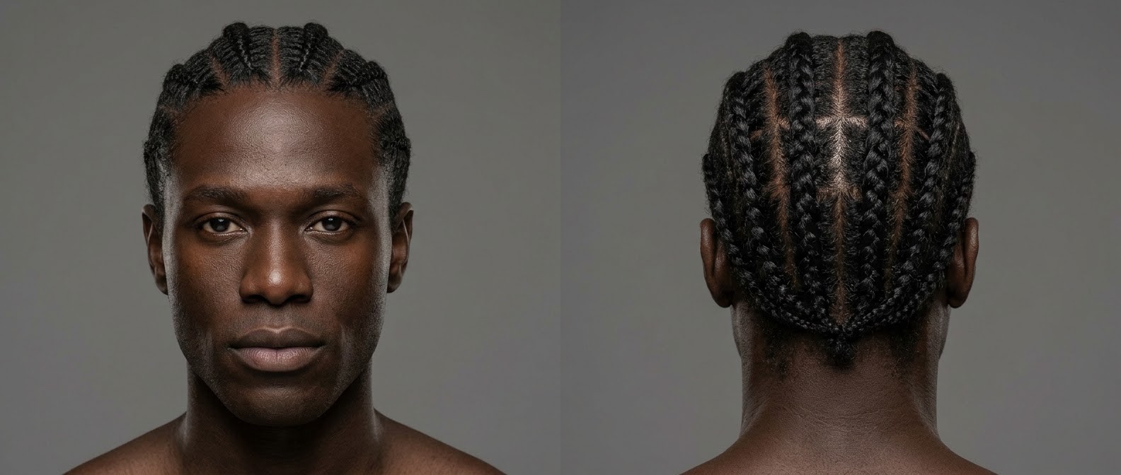 Przód i tył głowy czarnoskórego mężczyzny w klasycznych warkoczach cornrows straight-back z równymi przedziałkami i naturalną linią czoła.