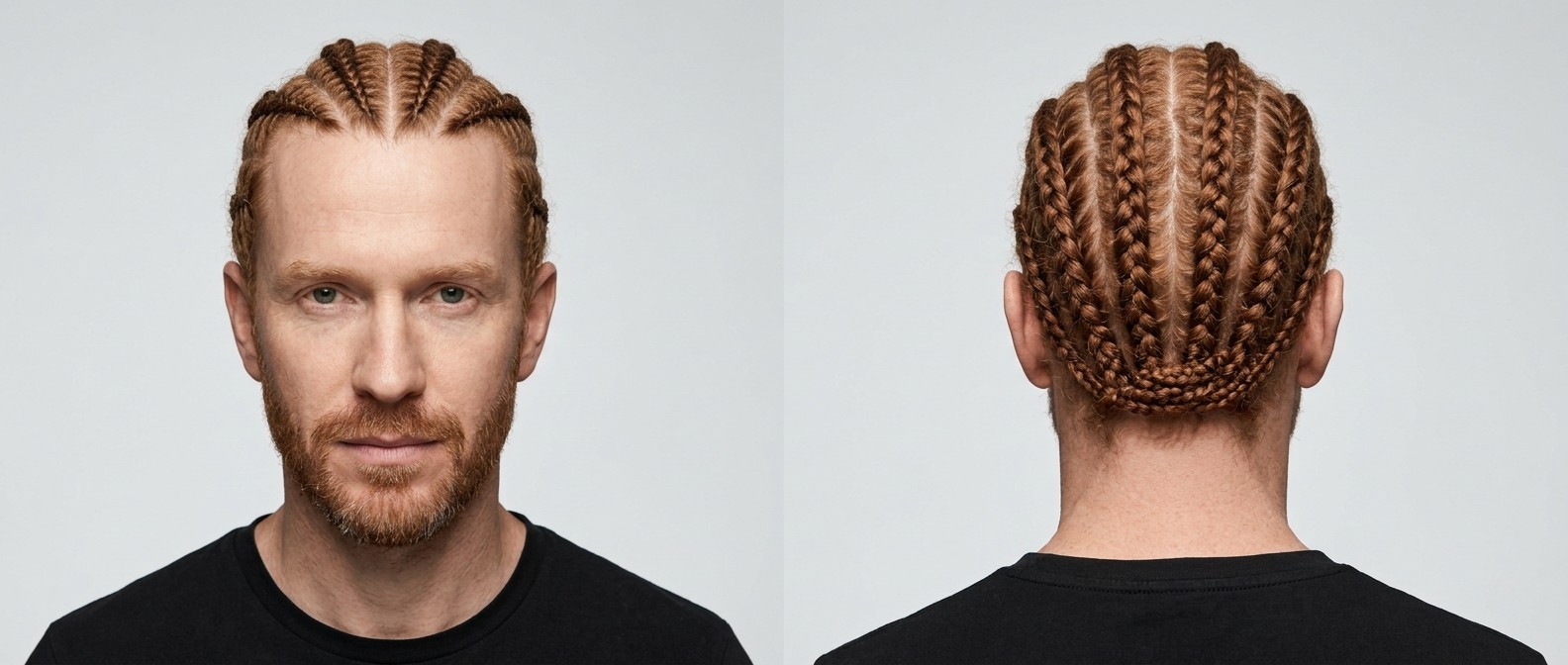 Mężczyzna 45+ z rudymi włosami i brodą w klasycznych warkoczach cornrows zaczesanych do tyłu.