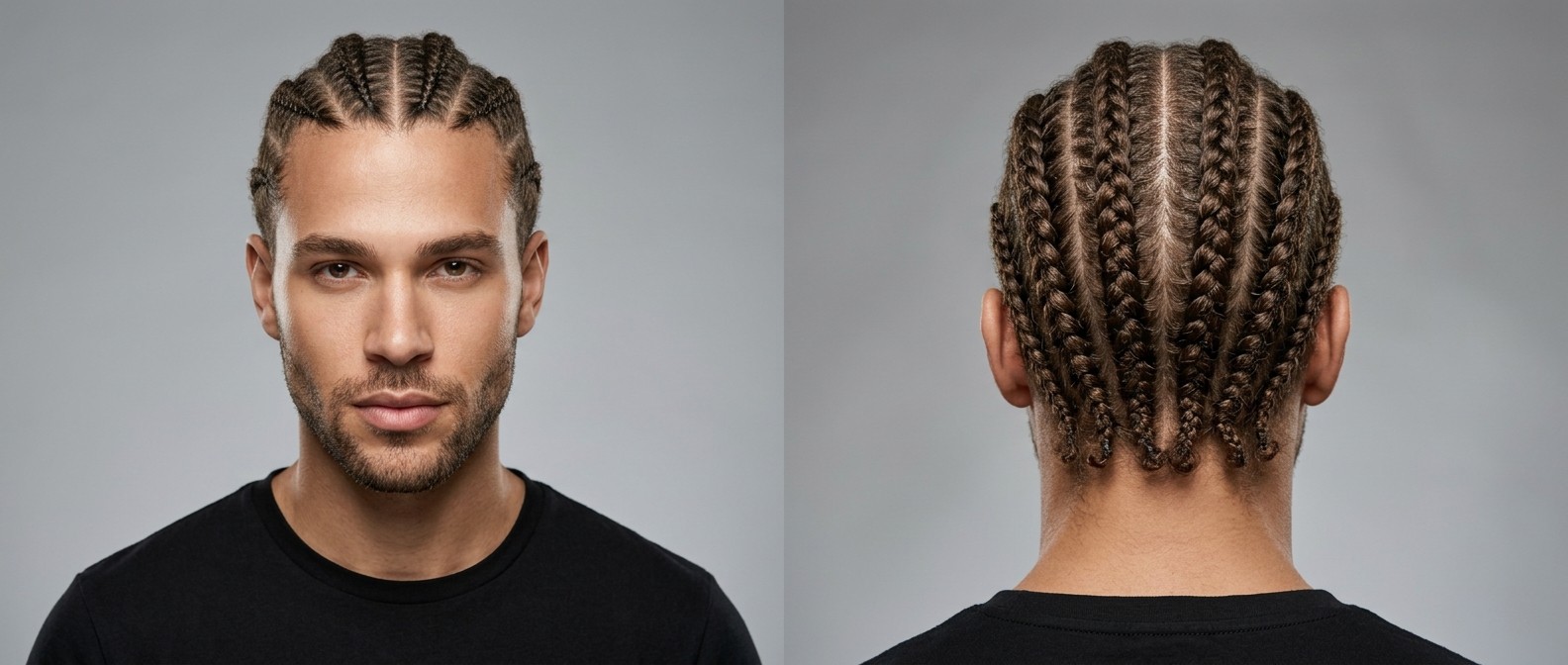 Mężczyzna w wieku 25-35 lat z zarostem, prezentujący symetryczne warkocze cornrows z wyraźnymi przedziałkami.
