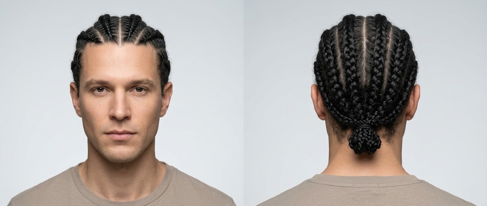 Vorder- und Rückansicht eines hellhäutigen Mannes mit dichtem, schwarzem, lockigem Haar, das in klassischen Straight-Back Cornrows zu einem tiefen Dutt im Nacken geflochten ist.