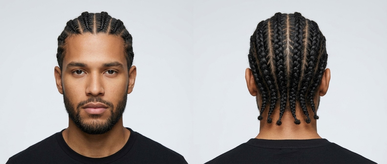 Young Latino man with a short beard wearing classic straight-back cornrows, showcasing thick braids and clean scalp parts on a solid background.