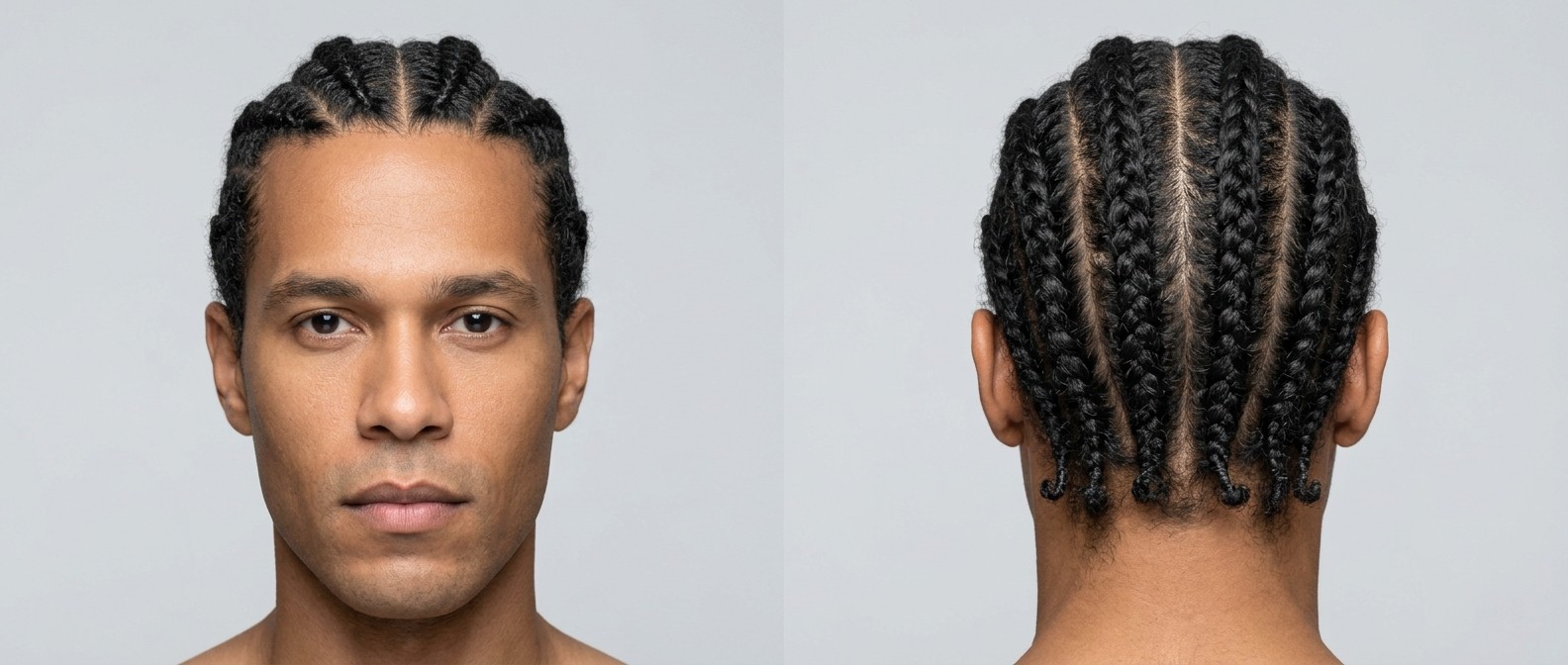 Vue de face et de dos d'un homme de 35-45 ans, teint moyen, sans barbe, portant des cornrows classiques straight-back avec des pointes bouclées.