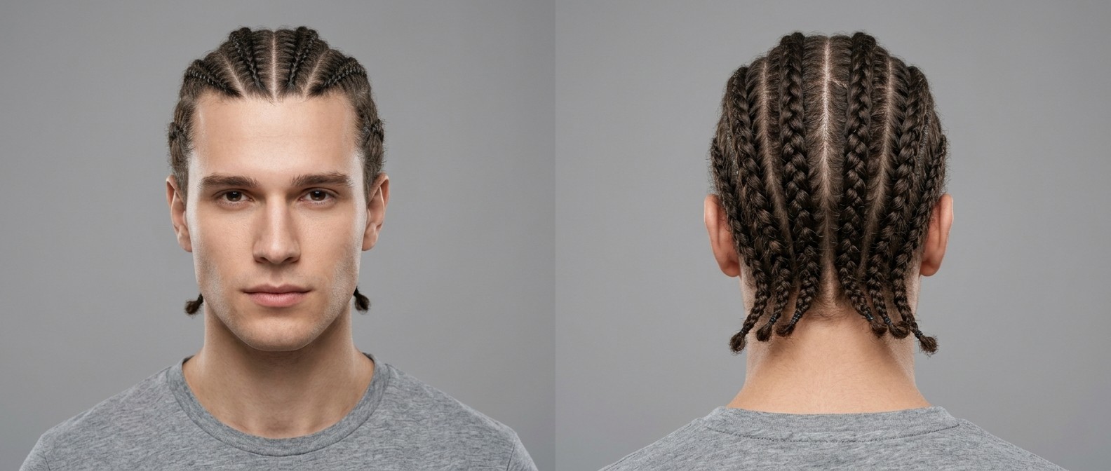 Vue de face et de dos d'un jeune homme aux cheveux bruns portant six cornrows droites symétriques avec pointes bouclées.