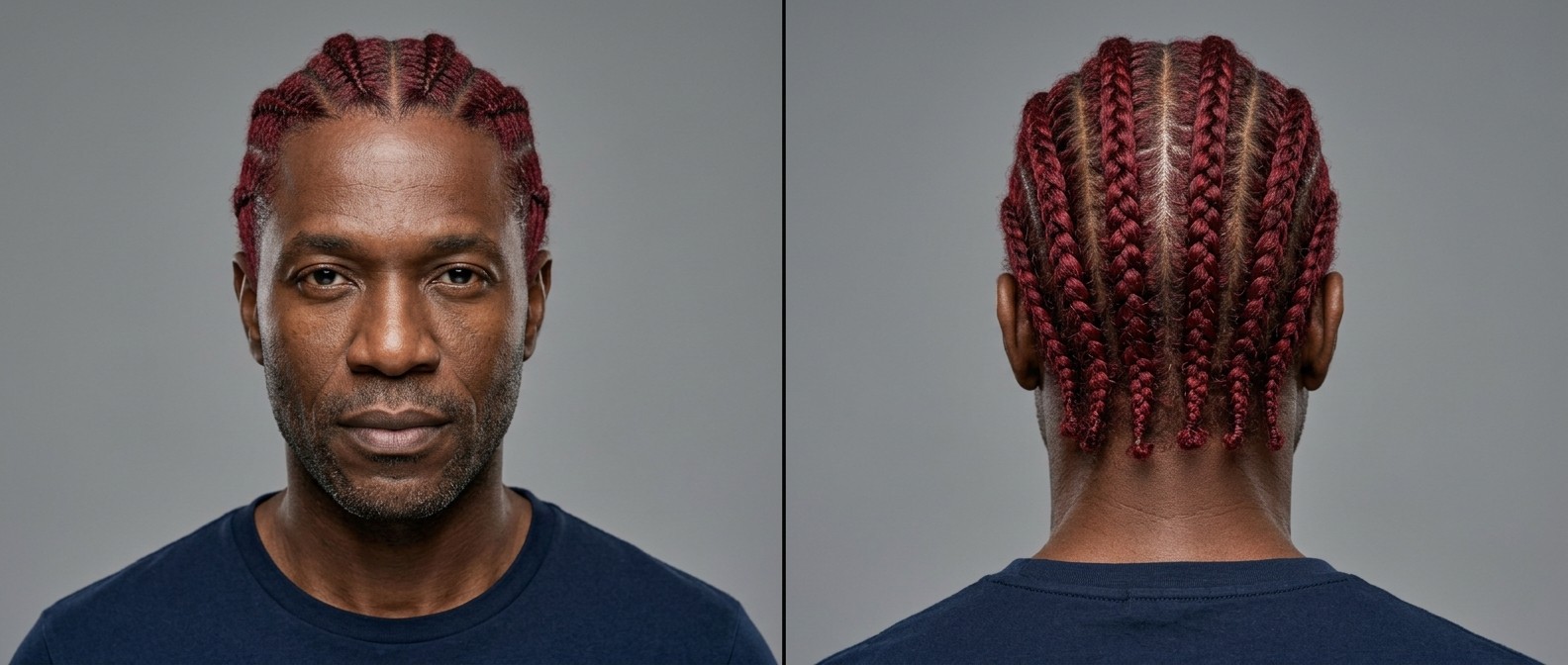 Widok z przodu i z tyłu na dojrzałego czarnoskórego mężczyznę z zarostem i krwistoczerwonymi warkoczami typu cornrows.