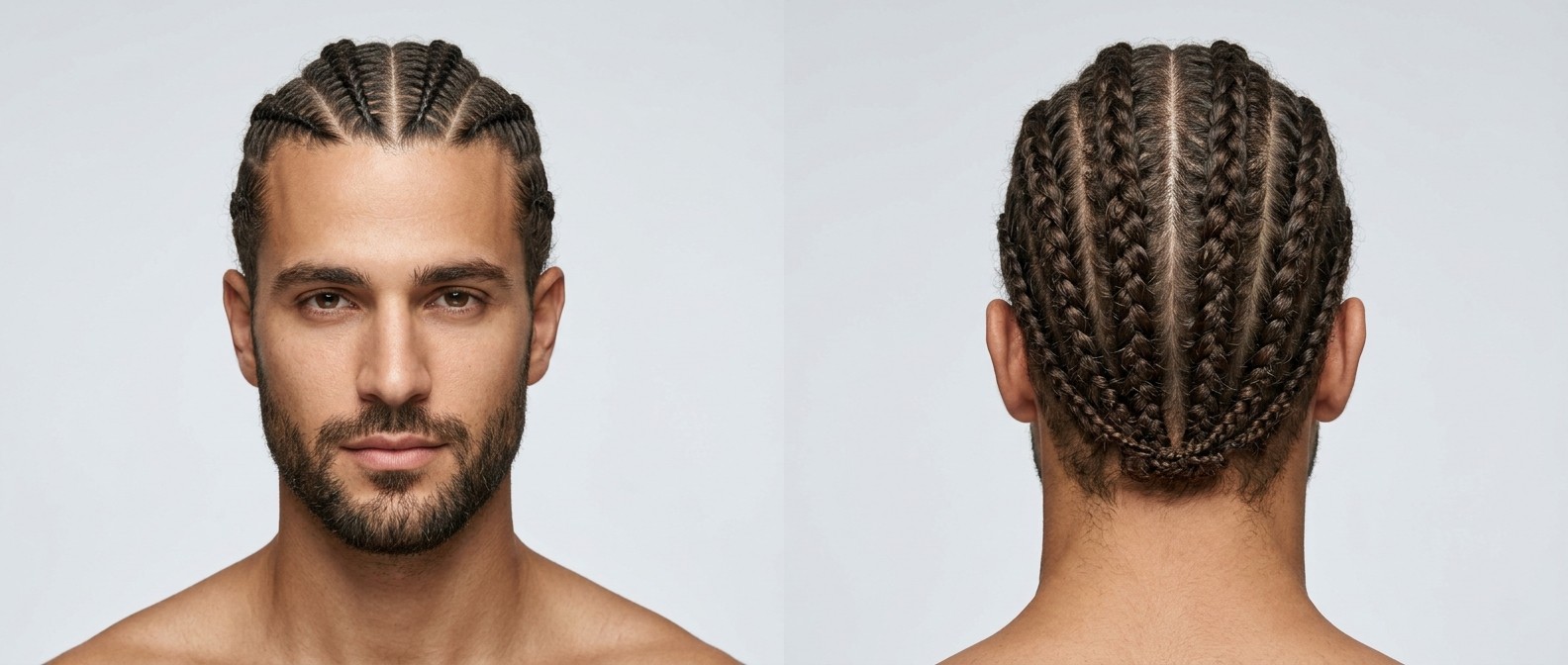 Vorder- und Rückansicht eines Mannes mit olivfarbener Haut und Kurzbart, der klassische Straight-Back Cornrows in mittellangem, dunkelbraunem, lockigem Haar trägt.
