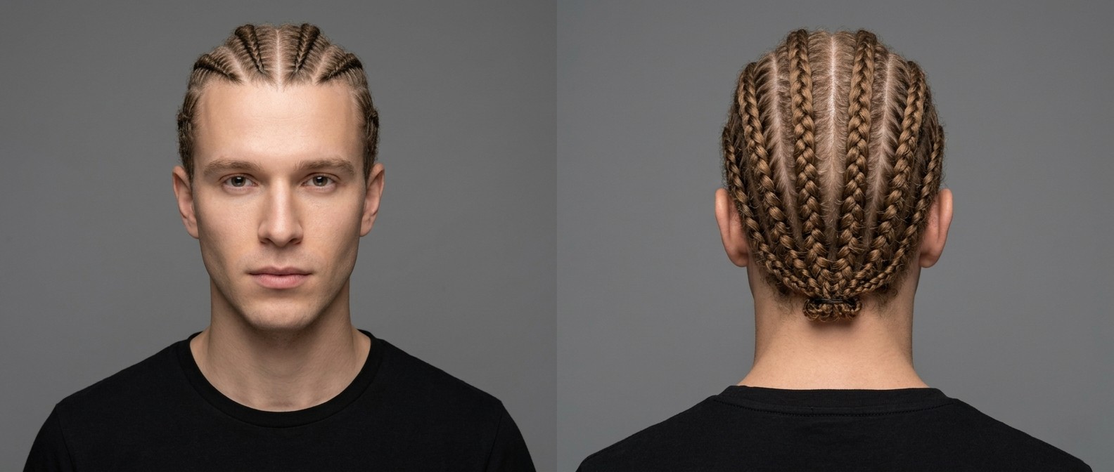 Caucasian man with light brown hair wearing classic straight-back cornrows, featuring symmetrical partings and a small tied knot at the nape.