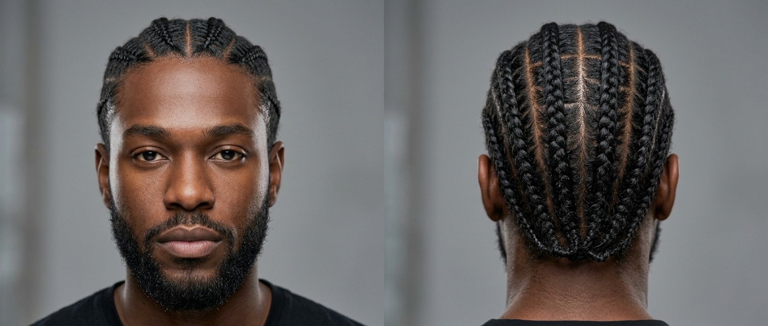 Widok z przodu i z tyłu na młodego czarnoskórego mężczyznę z pełną brodą i schludnymi warkoczami cornrows z geometrycznym przedziałkiem.