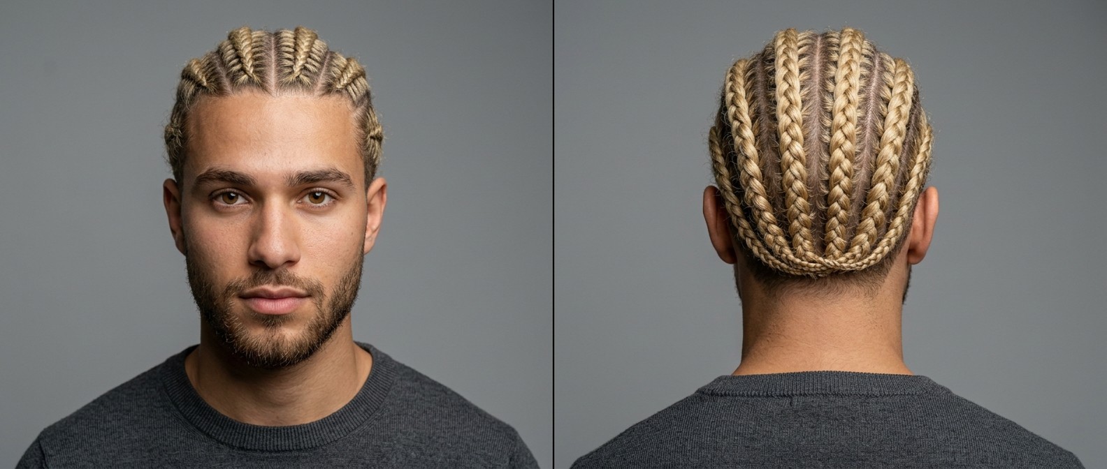 Jeune homme à la peau mate avec une barbe courte portant des cornrows blondes droites, mettant en avant des raies nettes et des tresses bien structurées.