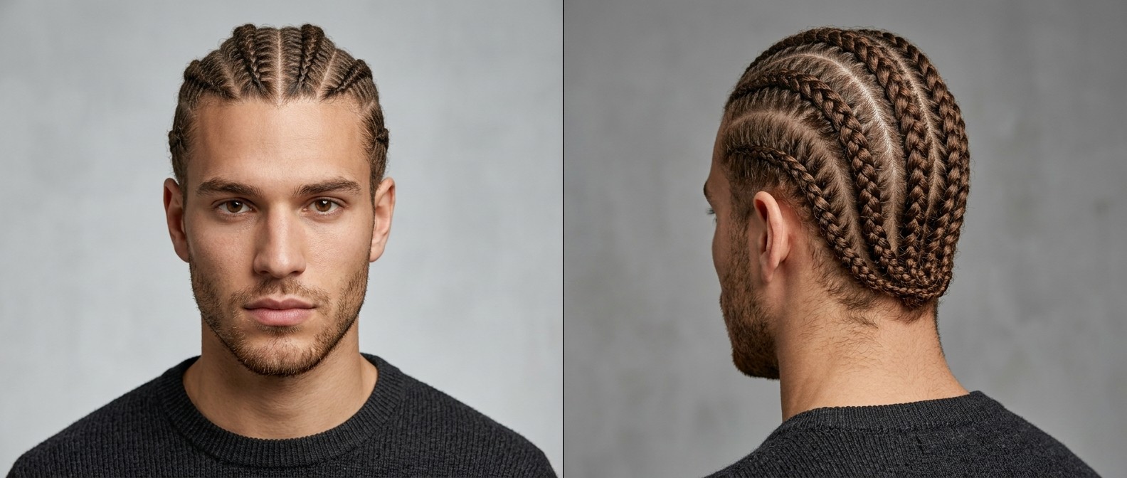Young Caucasian man with medium brown hair styled in neat, straight-back thick cornrows, showcasing a square jawline and light stubble.
