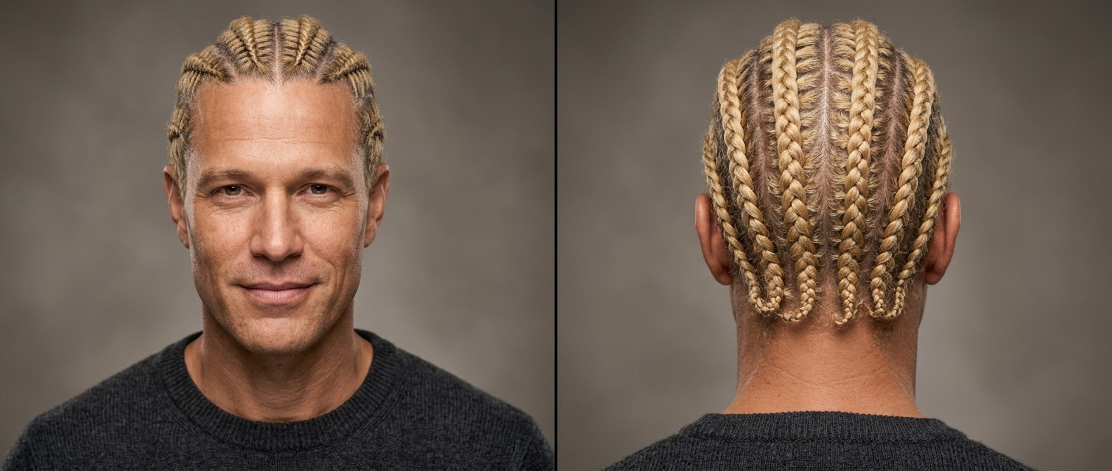 Front and back view of a mature man with blonde hair styled in neat, straight-back cornrows, showcasing clean scalp partings and braided tails.