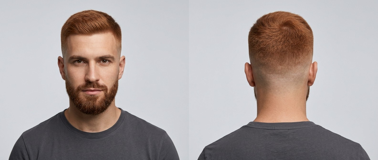 Młody mężczyzna z rudymi włosami, fryzura typu high skin fade crew cut z wycieniowaną brodą na jasnoszarym tle.