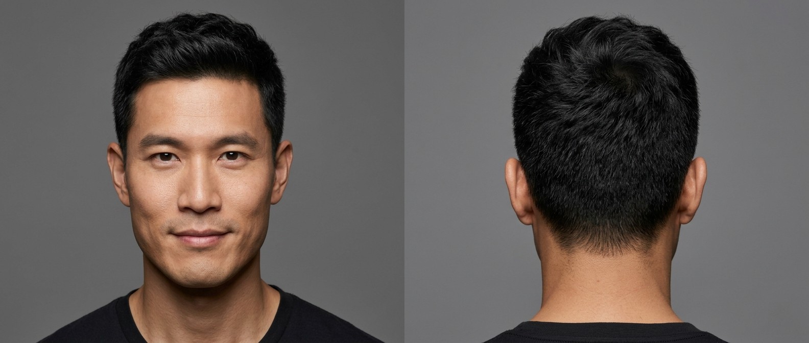 Widok z przodu i z tyłu na mężczyznę z profesjonalną fryzurą textured crew cut, krótkimi bokami i falowaną górą.