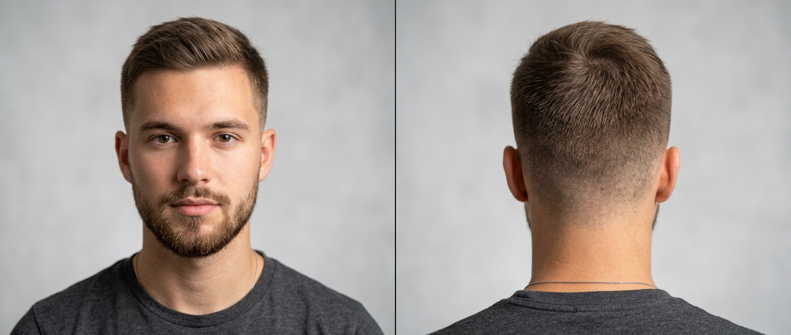 Vista frontal y trasera de un joven de 18 a 25 años con un textured crew cut, mid drop fade y barba castaña bien perfilada.