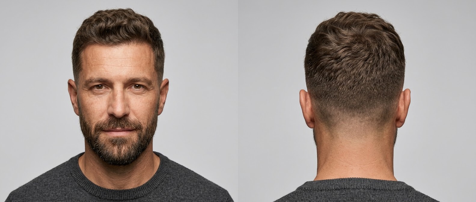Vista frontal e traseira de homem de 45 anos com corte crew cut ondulado texturizado, laterais em taper fade, entradas no cabelo e barba castanha alinhada.