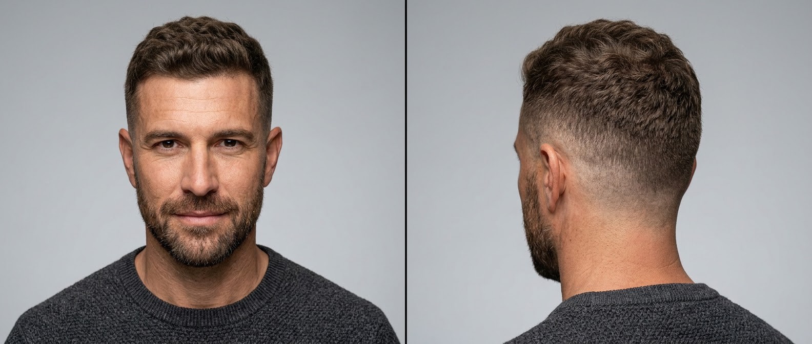 Mature man with a classic wavy crew cut, mid skin fade, textured forward-swept top, and a short groomed beard, shown from front and back profile.