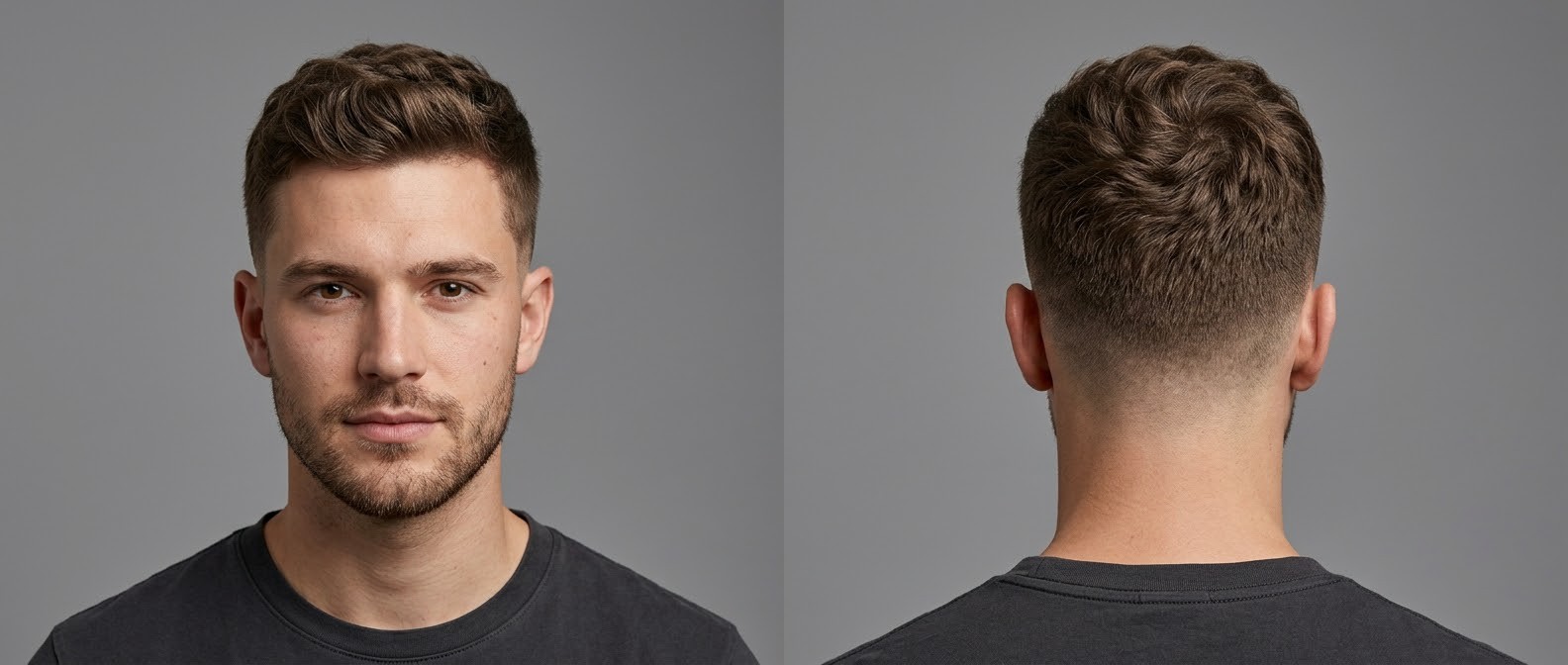 Vorder- und Rückansicht eines jungen Mannes mit welligem Textured Crew Cut und nahtlosem Mid Skin Fade.