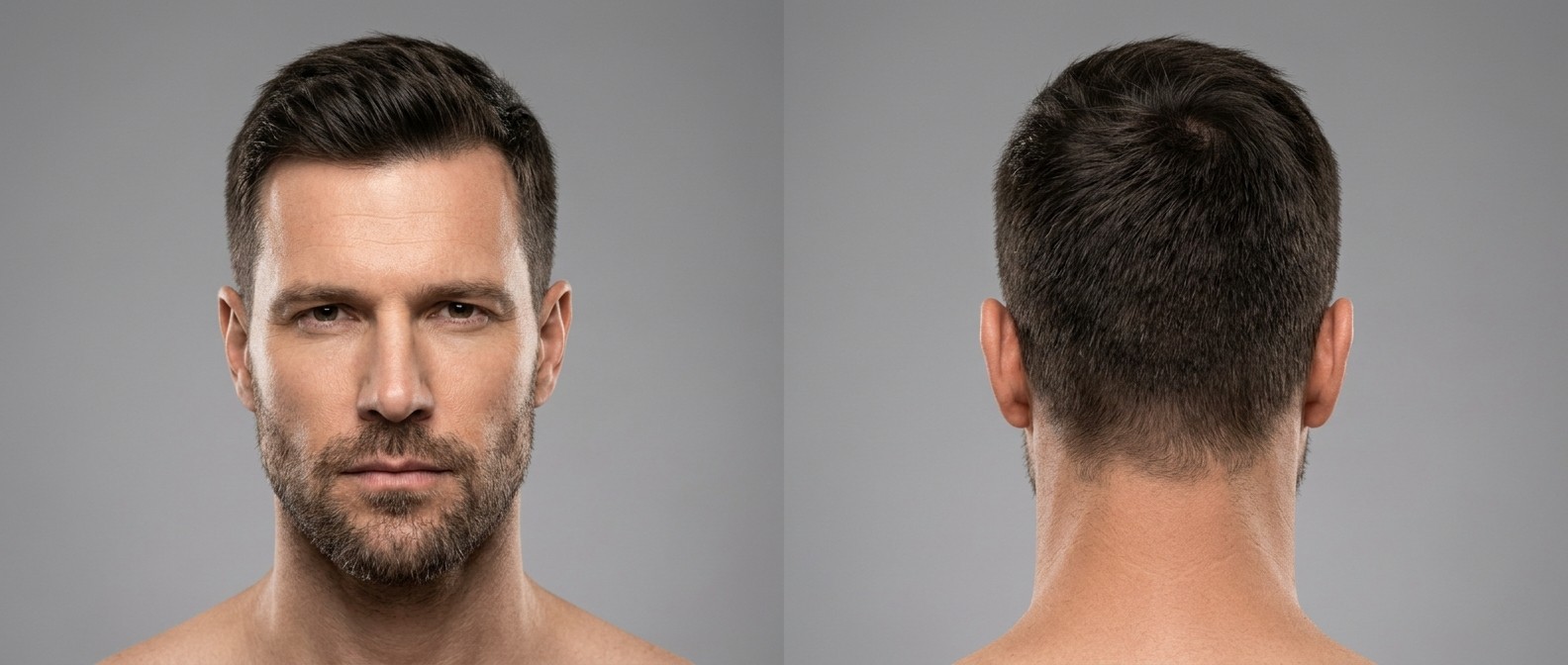Widok z przodu i z tyłu na 45-letniego mężczyznę z krótką, teksturowaną fryzurą crew cut, widocznymi zakolami i krótkim zarostem na szarym tle.