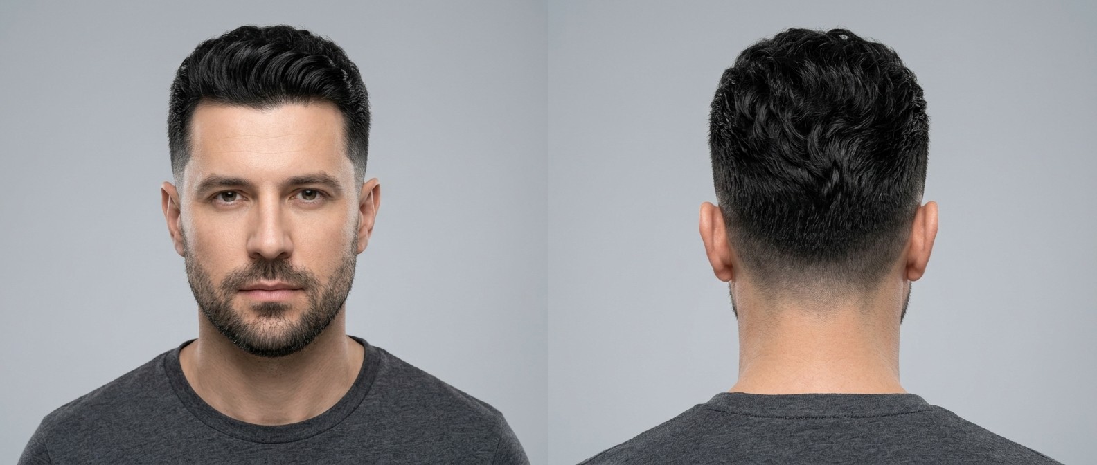 Mężczyzna z gęstymi, czarnymi, falowanymi włosami w fryzurze crew cut z mid skin fade i przystrzyżoną brodą.