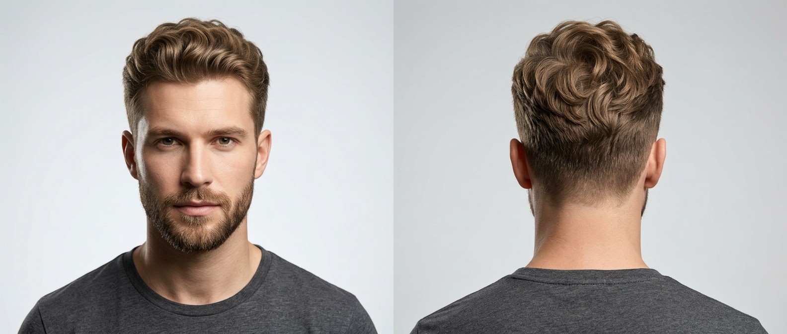 Jeune homme au visage ovale avec un crew cut ondulé texturé, côtés dégradés et barbe soignée.