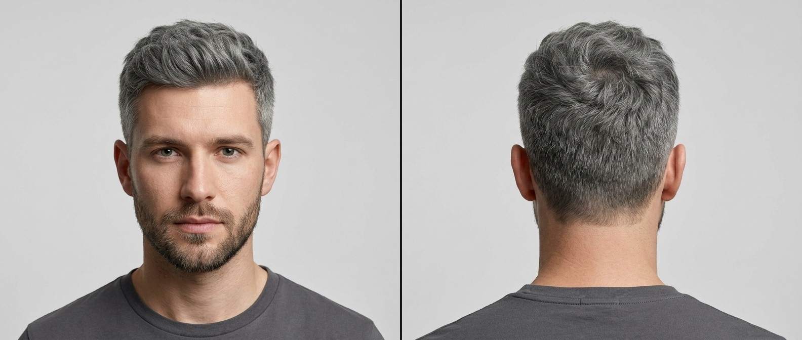 Vorder- und Rückansicht eines Mannes mit Wavy Textured Crew Cut, dichtem silber-grauem Haar, getaperten Seiten und kurzem Bart.