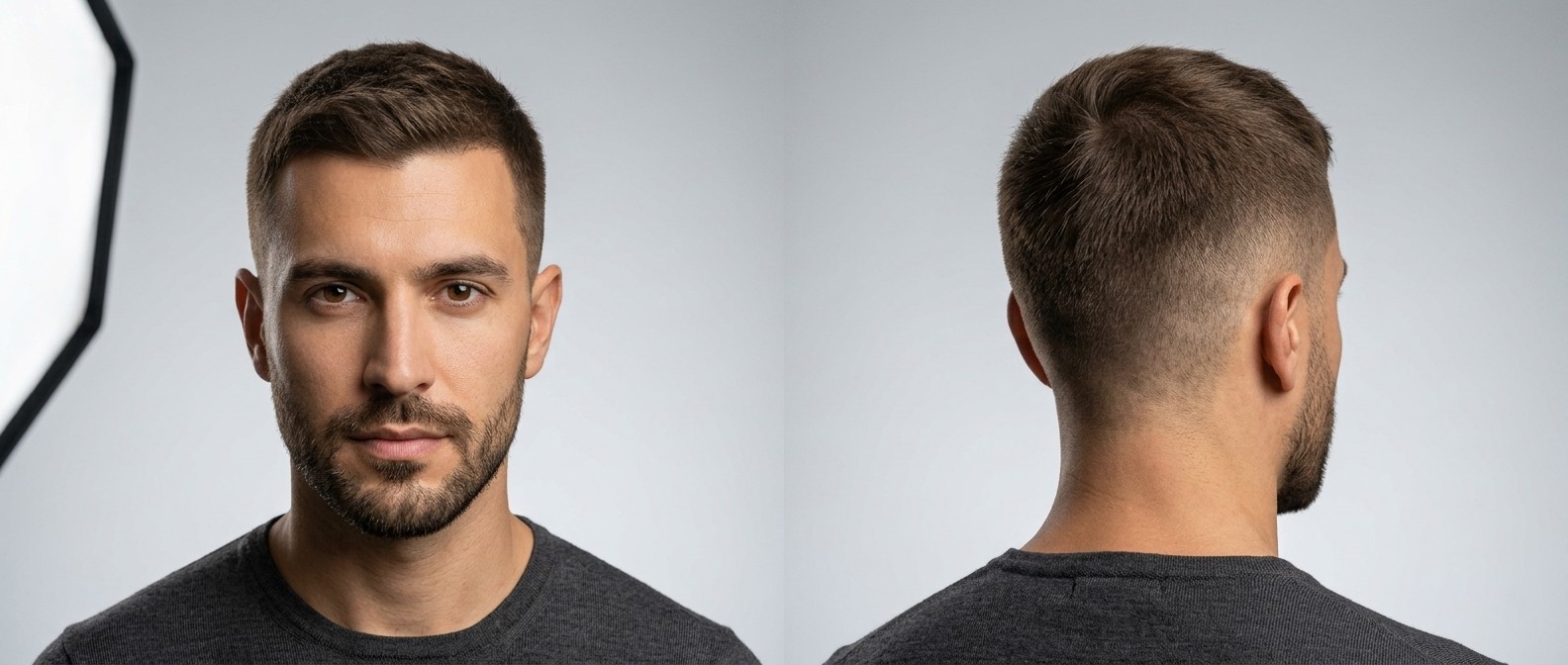 Vorder- und Rückansicht eines Mannes mit kurzem, texturiertem Crew Cut, Mid Taper Fade und kurzem Bart vor grauem Hintergrund.