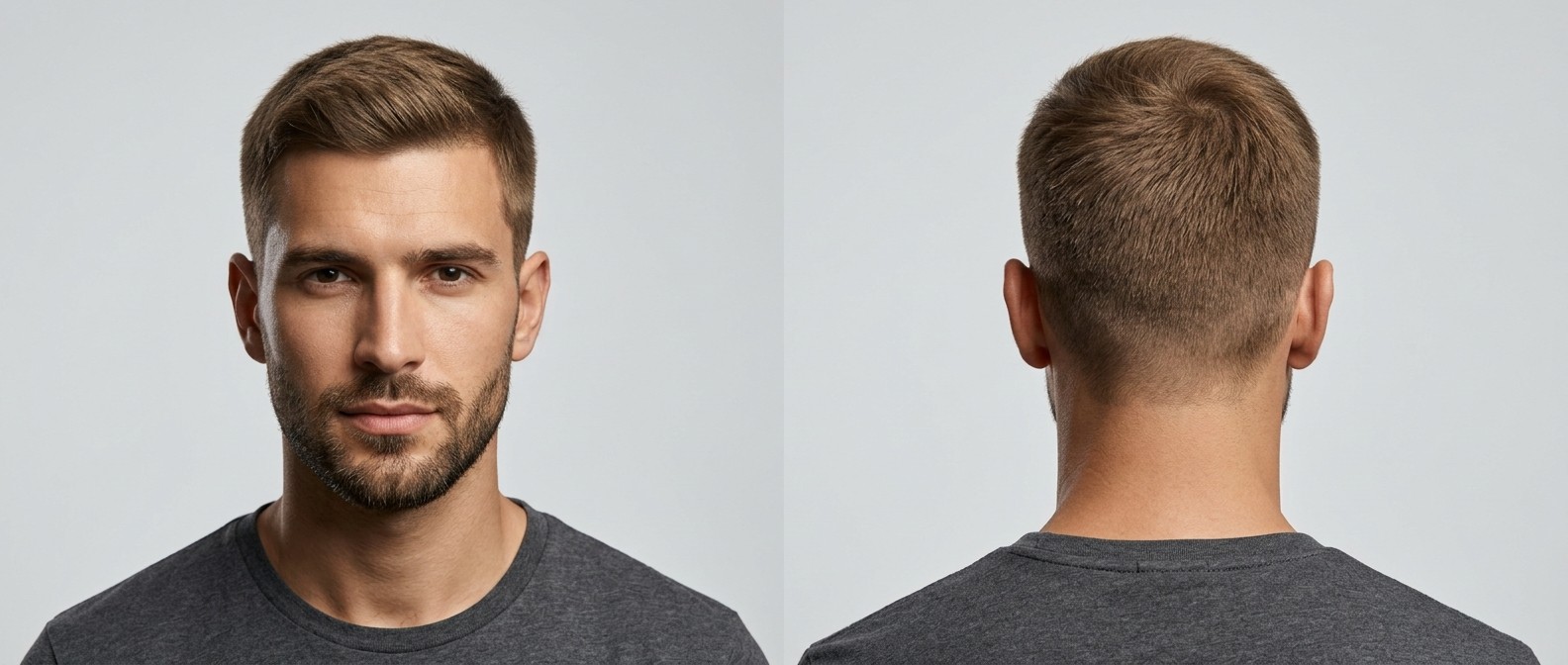 Vorder- und Rückansicht eines Mannes mit klassischem Tapered Crew Cut, kurzen Seiten, texturiertem Deckhaar und kurzem Bart.