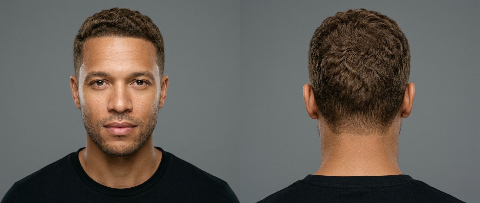 Widok z przodu i z tyłu 40-letniego mężczyzny z fryzurą wavy crew cut, krótkimi bokami, precyzyjnym konturem i naturalnymi falami na górze.