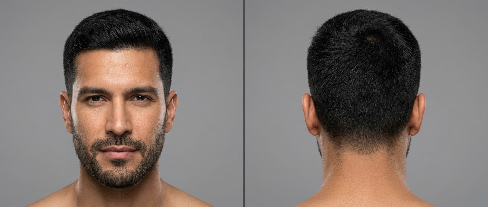 Vista frontal y trasera de un hombre latino con barba corta y un corte crew cut texturizado con laterales degradados y cabello oscuro lacio.