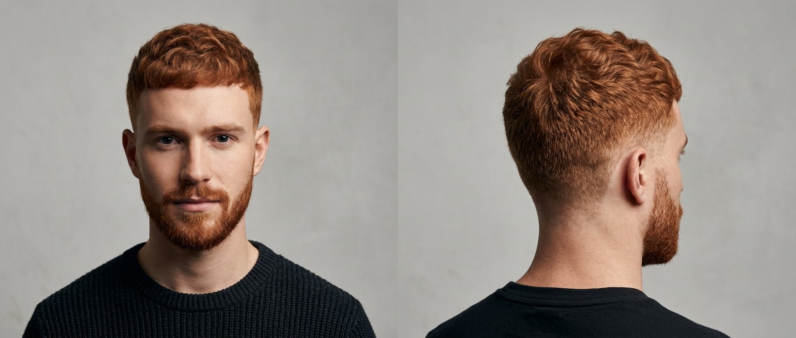 Vista frontal y lateral de un joven pelirrojo con un crew cut texturizado, mid fade y barba bien cuidada.