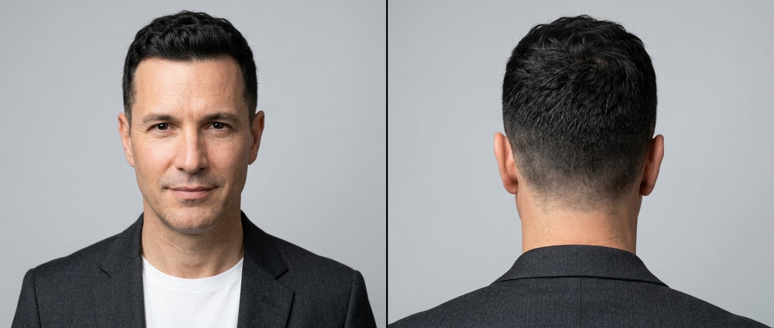 Vue de face et de dos d'un homme mature aux cheveux noirs portant un crew cut ondulé classique avec côtés dégradés, style professionnel.