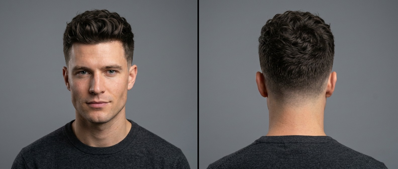Vue de profil et de face d'un homme aux cheveux bruns avec un crew cut ondulé texturé et un dégradé à blanc.