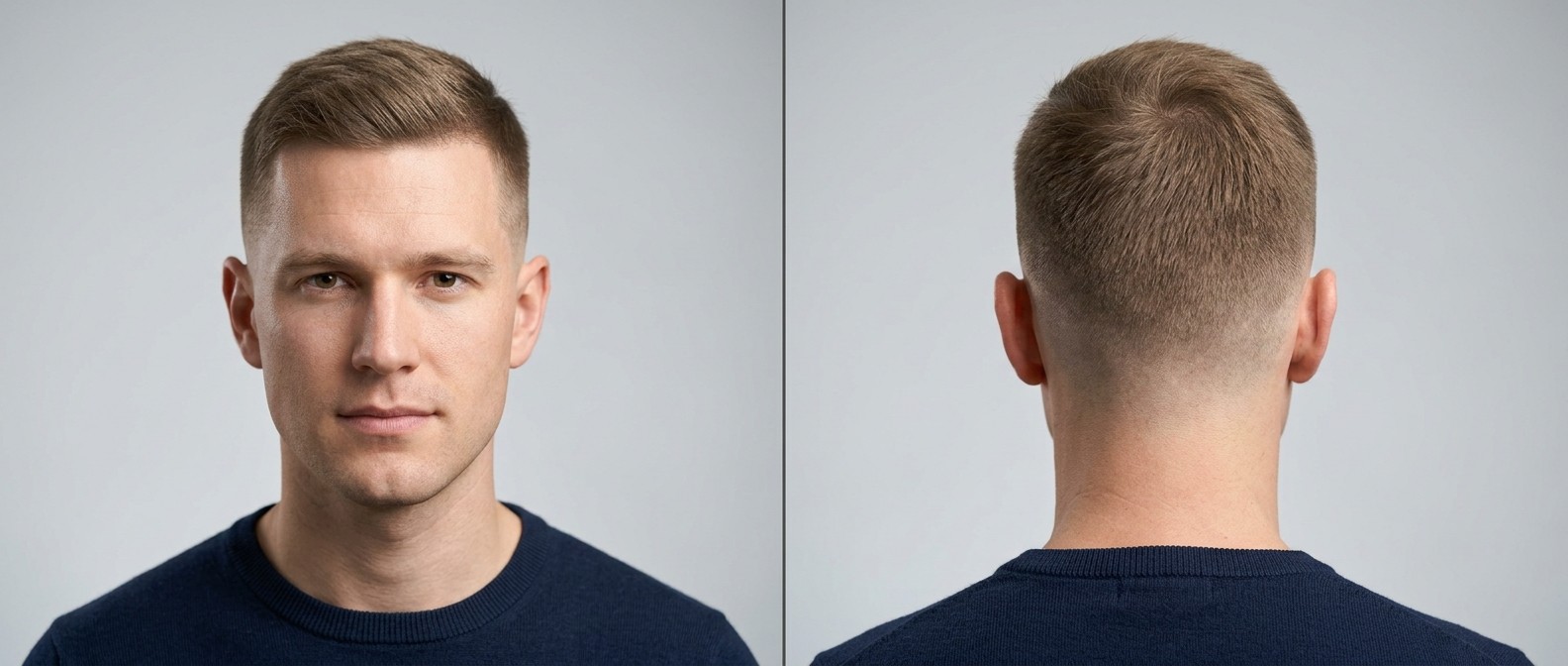 Front and back view of a Caucasian man with a classic crew cut, featuring a smooth mid skin fade and short, side-swept straight brown hair on top.