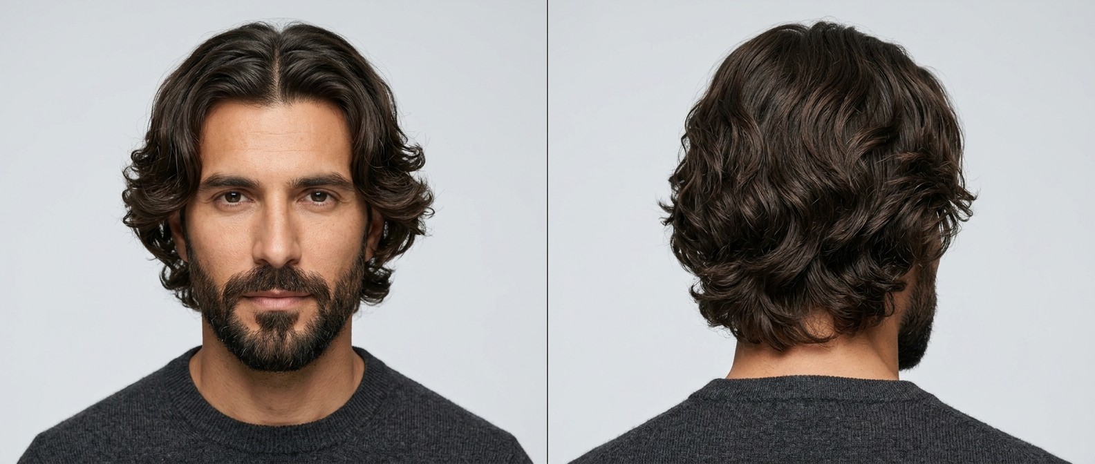 Front and back view of a 40-year-old man with a beard modeling a thick, wavy dark brown curtains hairstyle with layered, flowing mid-length sides.