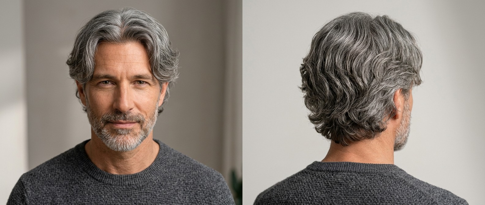 Vue de face et de dos d'un homme mûr avec une barbe courte, portant une coupe curtains ondulée argentée, dégradée à l'arrière avec une raie au milieu.
