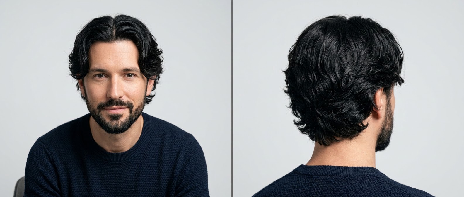 Vista frontal e traseira de um homem de 40 anos com cabelo ondulado escuro em corte curtains com camadas e barba curta.