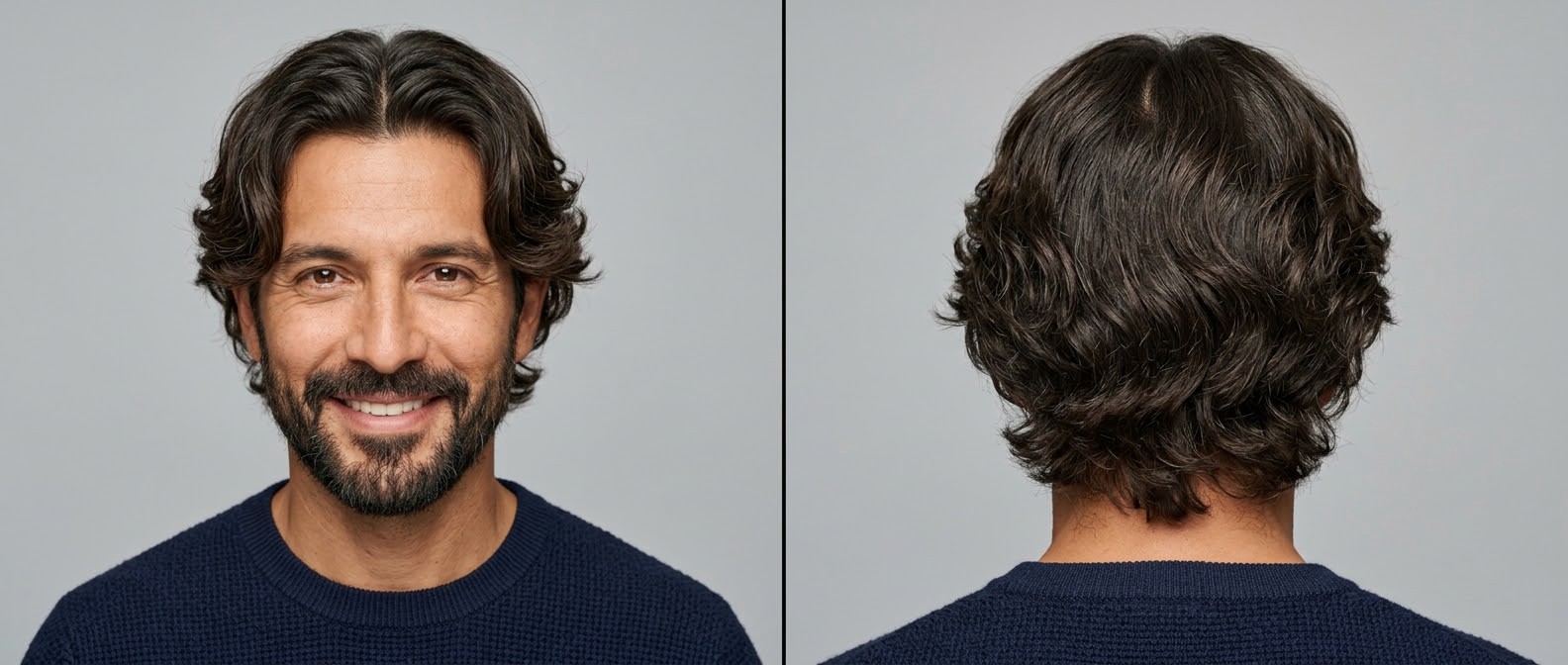 Reifer Latino-Mann mit dickem, dunkelbraunem Wavy Curtains Haarschnitt, Mittelscheitel und kurzem Bart, Vorder- und Rückansicht des Stufenschnitts.