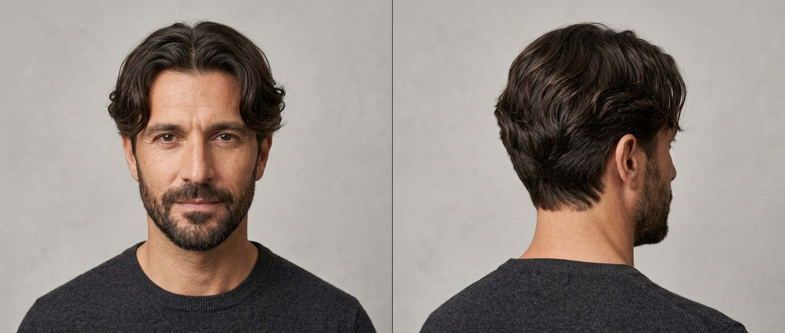 Dojrzały mężczyzna z ciemnobrązową fryzurą typu wavy curtains, przedziałkiem na środku, warstwowymi bokami i zadbaną krótką brodą.