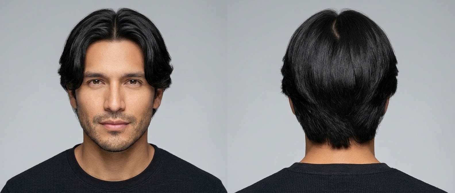 Ein 35-45-jähriger Mann mit dickem, glattem schwarzem Haar im klassischen Curtains-Haarschnitt mit Mittelscheitel und gepflegtem Dreitagebart.