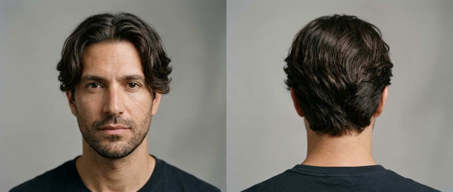 Front and back view of a 35 to 45-year-old Caucasian man with dark brown, wavy curtain haircut, featuring a middle part and layered, sweeping sides.