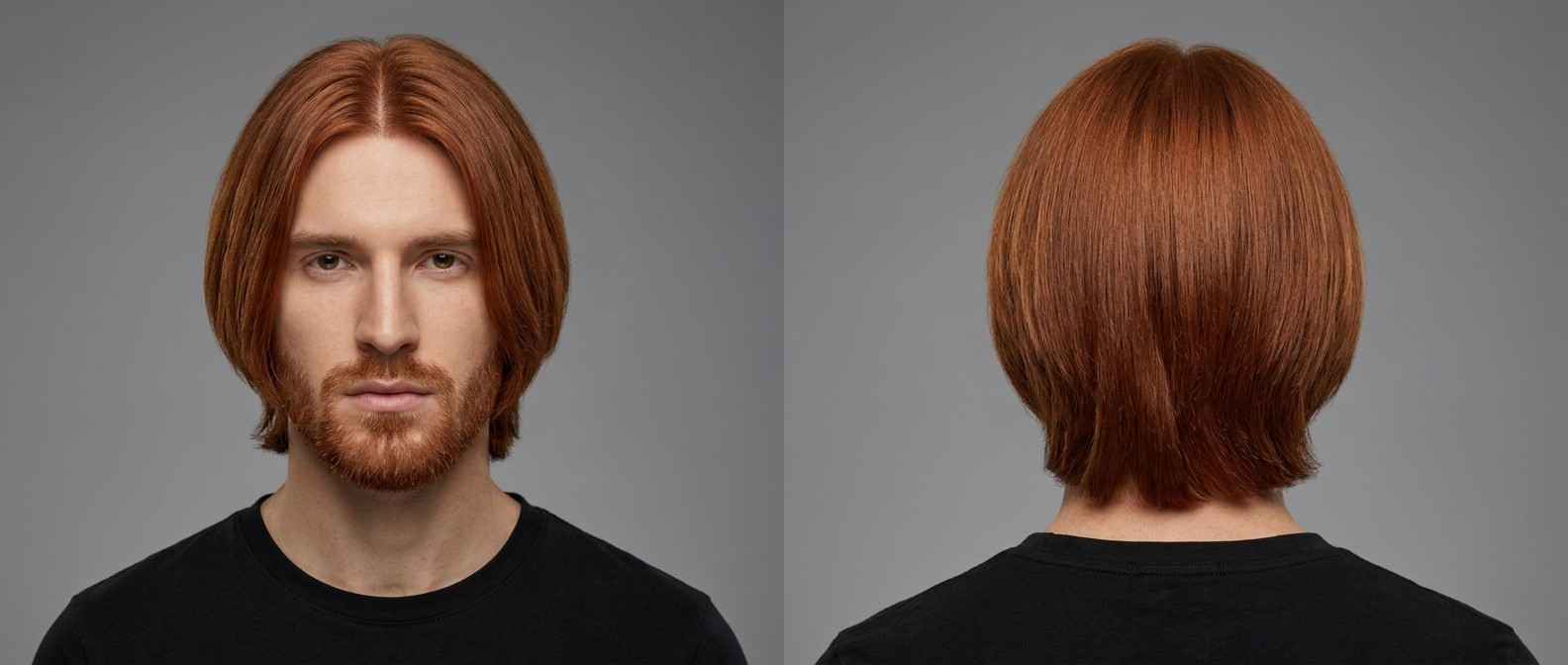 Młody mężczyzna z krótką rudą brodą, prezentujący klasyczną fryzurę typu curtains z przedziałkiem na środku na gęstych, miedzianych włosach.