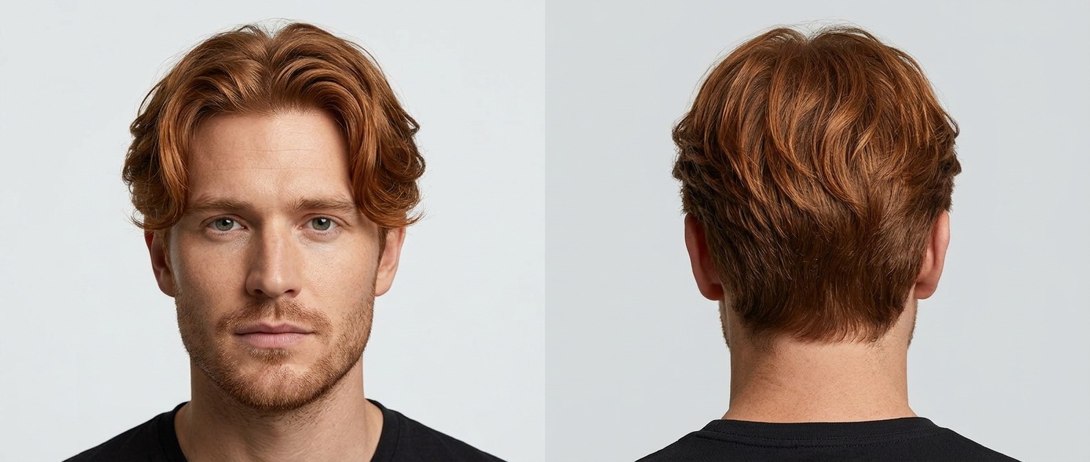 Mężczyzna z rudymi, falowanymi włosami w nowoczesnej fryzurze typu curtains z przedziałkiem na środku.