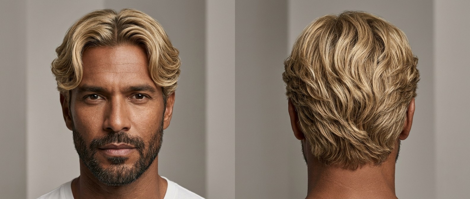 Dojrzały mężczyzna z ciemną brodą i falowaną fryzurą typu curtains w kolorze miodowego blondu.