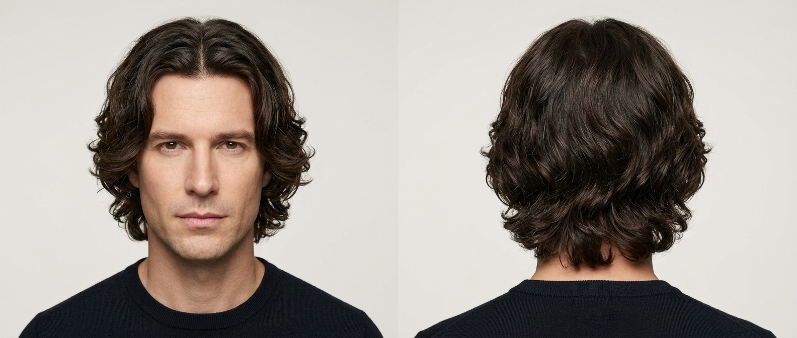 Vue de face et de dos d'un homme de 40 ans aux cheveux épais, ondulés et châtains, coiffé avec une coupe mi-longue dégradée et raie au milieu.