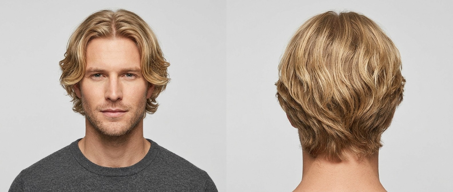 Vue de face et de dos d'un jeune homme blond avec une coupe rideau ondulée mi-longue, raie centrale et barbe légère.