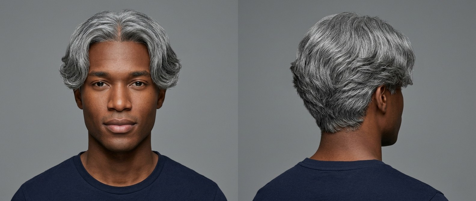 Jeune homme noir avec une coupe curtains ondulée argentée, raie au milieu, dessus mi-long et nuque effilée sur fond gris.