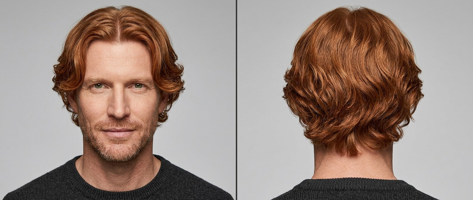 Homme mature avec une coiffure curtains ondulée couleur cuivre et une barbe de trois jours, vue de face et de profil.