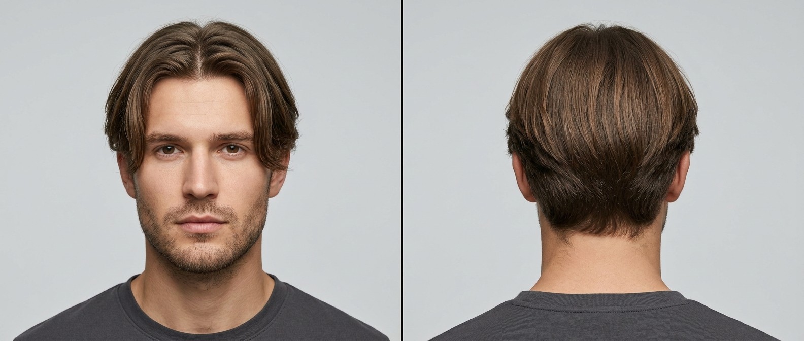 Front and back view of a young man with a classic middle part curtains hairstyle, featuring cheek-length fringe and a softly layered scissor-cut back.