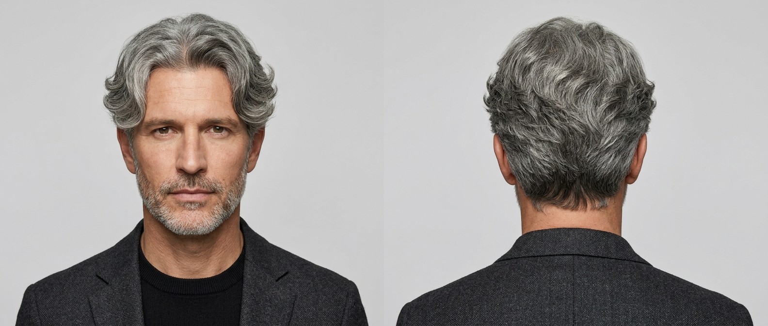 Older man with thick, wavy silver hair styled in a layered center-parted curtains haircut, featuring swept-back sides and a neatly tapered nape.