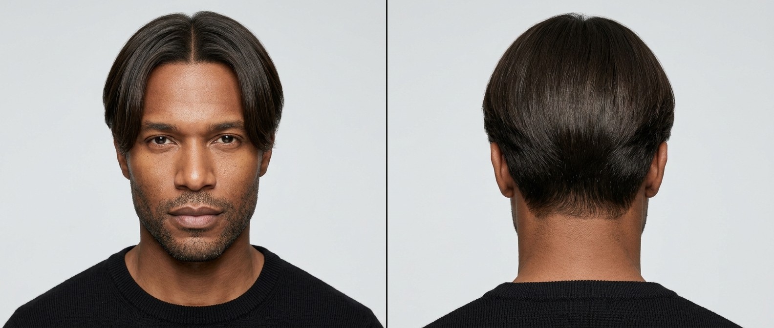 Front and back view of a Black man with medium skin and stubble wearing a straight, center-parted curtains hairstyle with a tapered neckline.