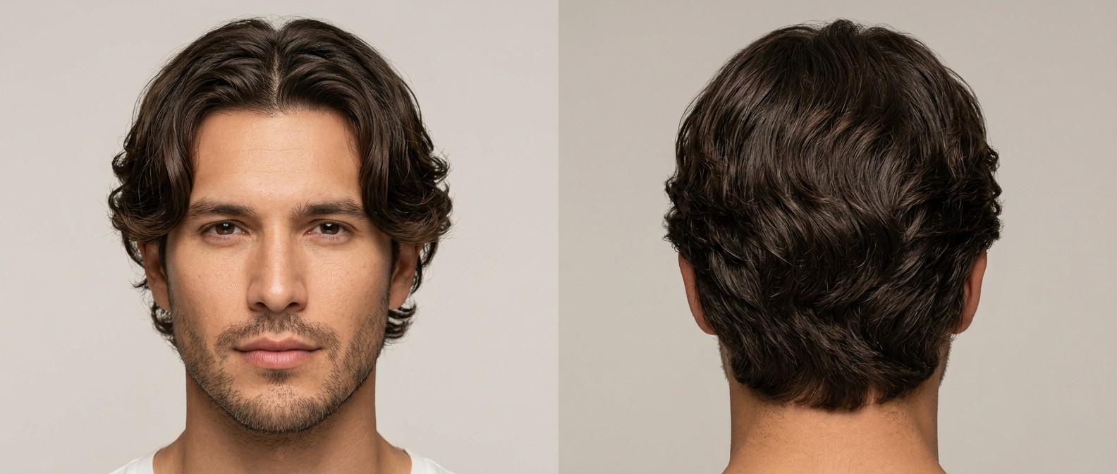 Widok z przodu i z tyłu na mężczyznę z ciemnobrązowymi, falowanymi włosami typu curtains i lekkim zarostem.